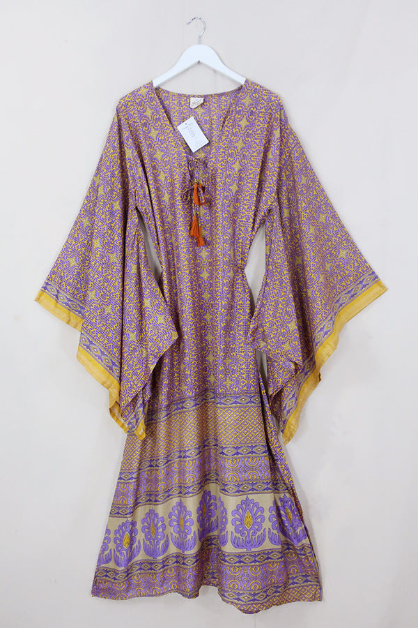 Cassandra Maxi Kaftan - Marigold & Mauve Indian Motif - Vintage Sari - Size L/XL by All About Audrey