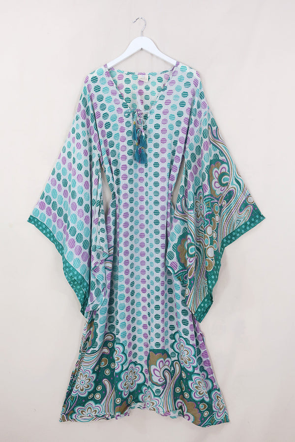 Cassandra Maxi Kaftan - Jade & Mauve Geo Floral - Vintage Sari - Size L/XL by All About Audrey