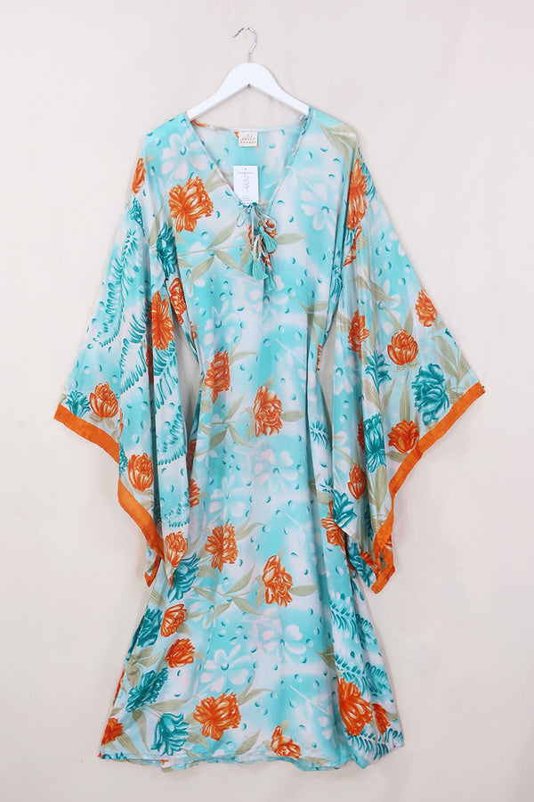 Cassandra Maxi Kaftan - Iced Blue & Orange Floral - Vintage Sari - Size L/XL by All About Audrey