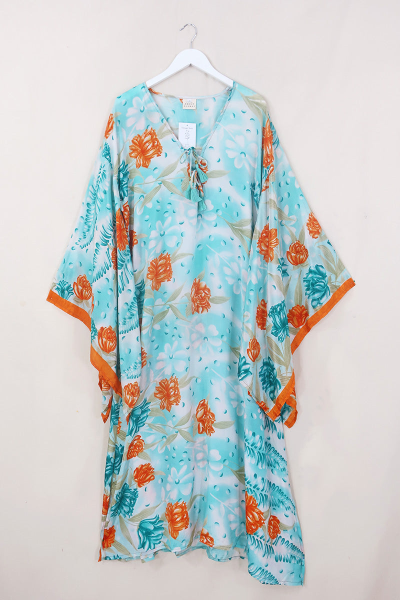 Cassandra Maxi Kaftan - Iced Blue & Orange Floral - Vintage Sari - Size L/XL by All About Audrey