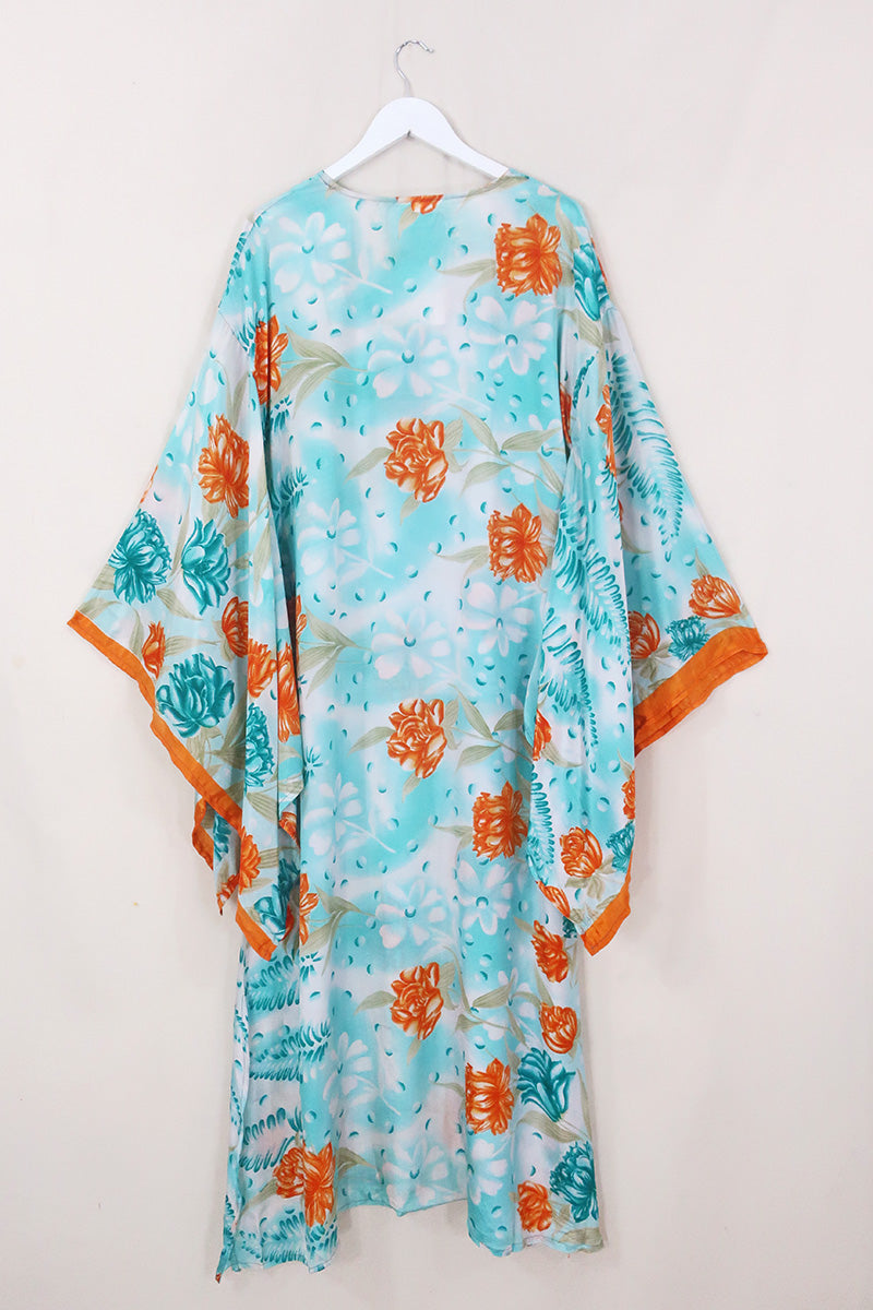 Cassandra Maxi Kaftan - Iced Blue & Orange Floral - Vintage Sari - Size L/XL by All About Audrey