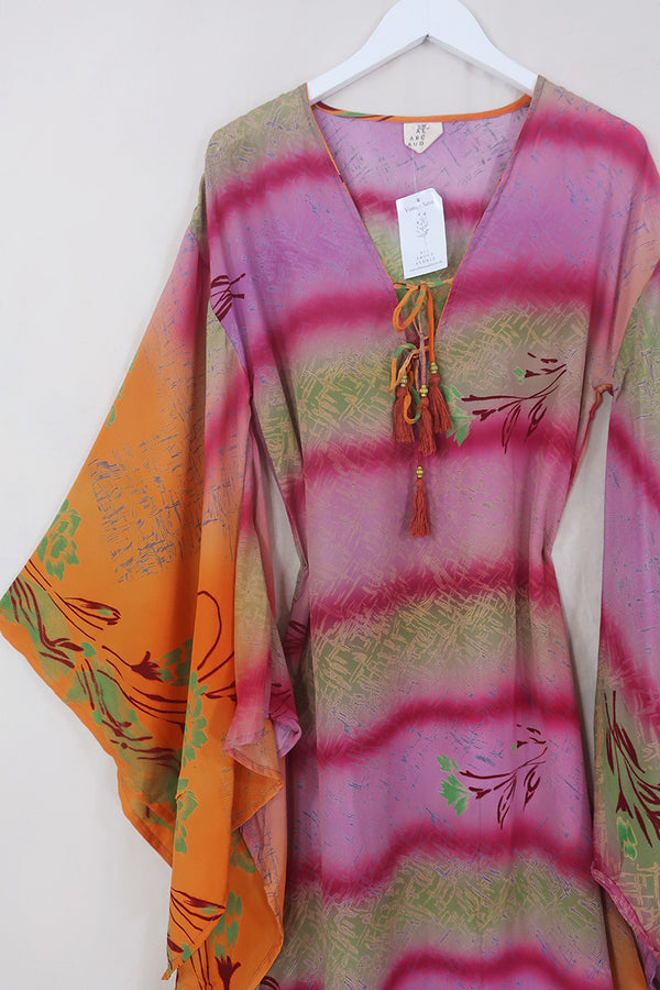Cassandra Maxi Kaftan - Strawberry & Sage Stripe - Vintage Sari - Size S/M by All About Audrey