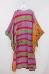 Cassandra Maxi Kaftan - Strawberry & Sage Stripe - Vintage Sari - Size S/M by All About Audrey