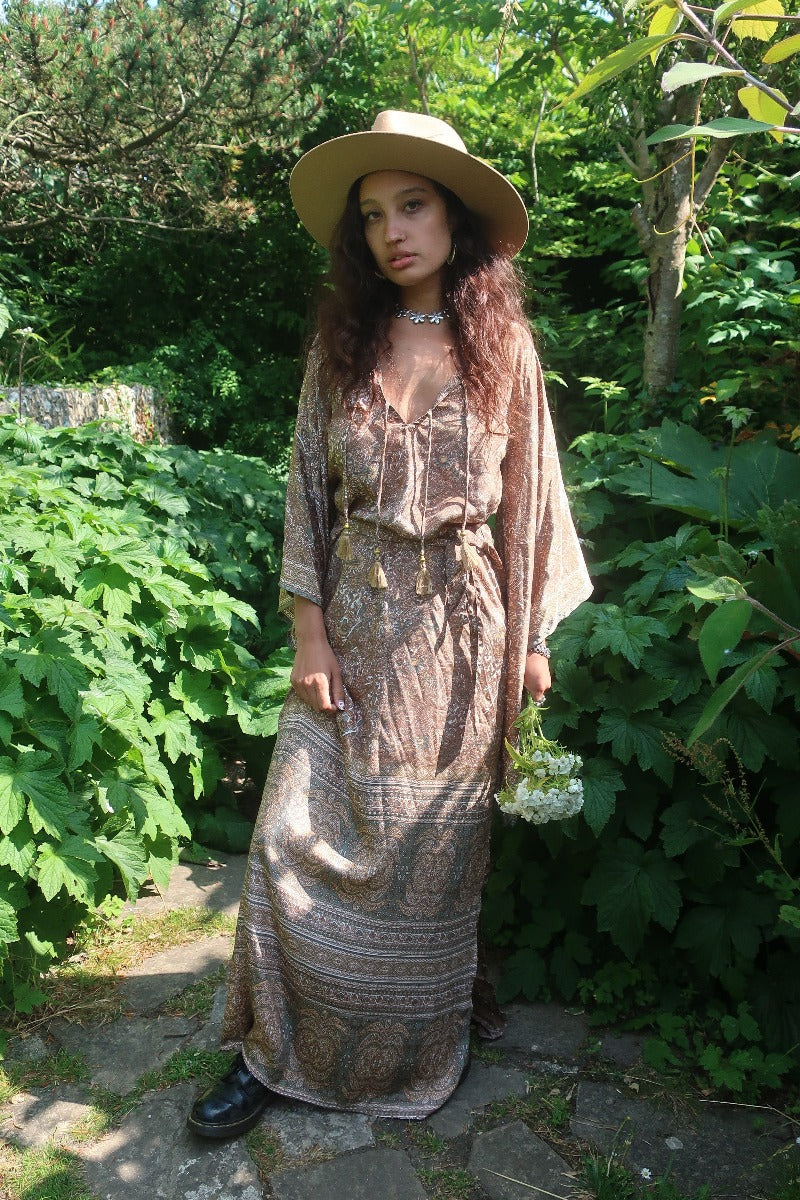 Cassidy Maxi Dress in Sage Blossom green bohemian botanical paisley print dresses 1970s inspired fashion all about audrey