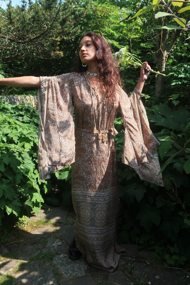 Cassidy Maxi Dress in Sage Blossom green bohemian botanical paisley print dresses 1970s inspired fashion all about audrey