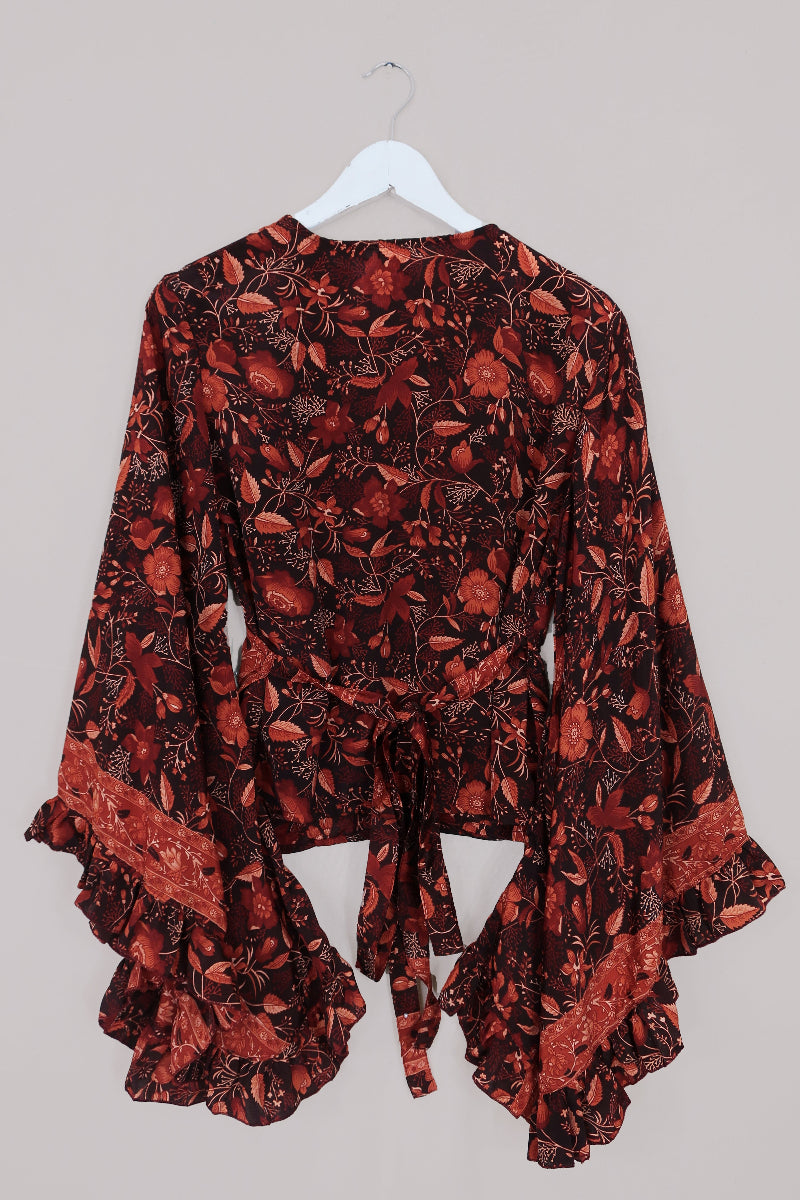 Venus Folklore Floral Long Wrap Top in Cedar Red