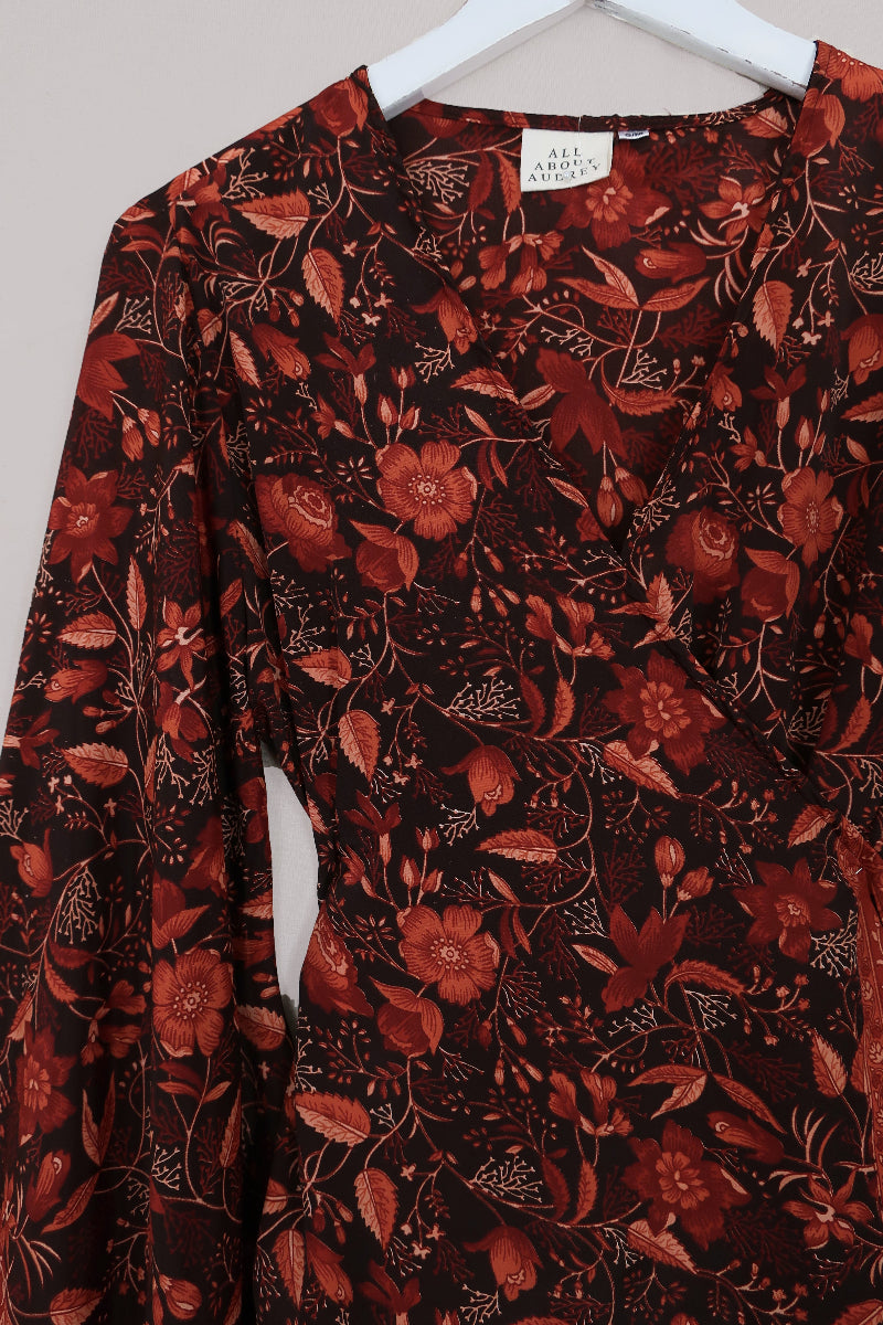 Venus Folklore Floral Long Wrap Top in Cedar Red