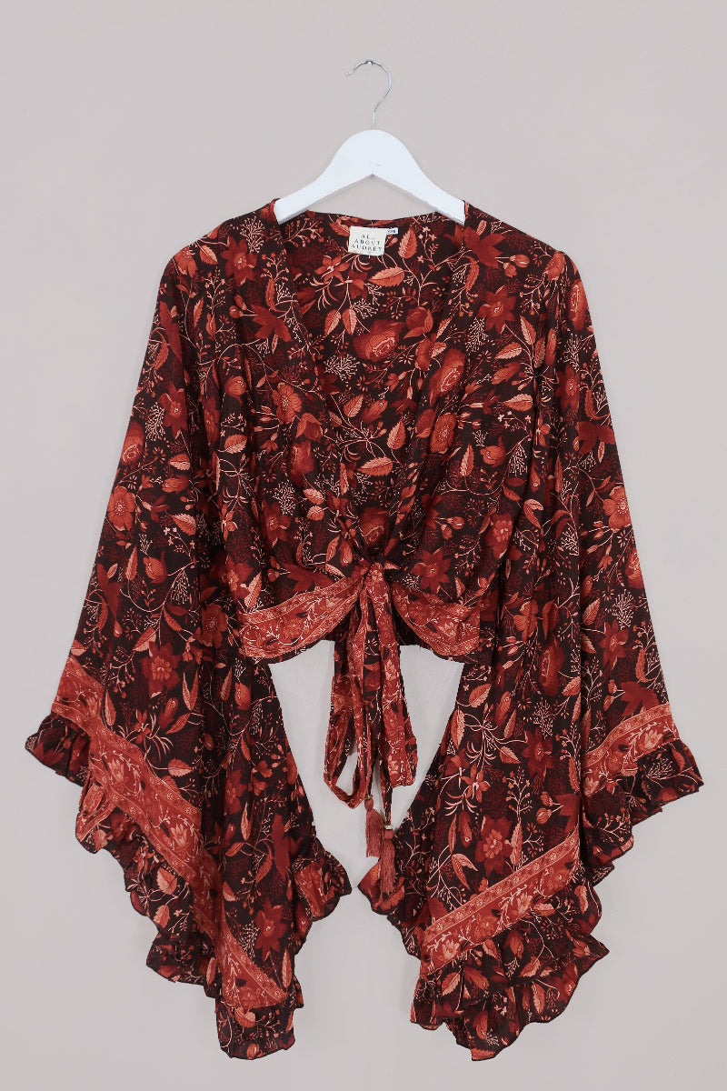 Venus Folklore Floral Wrap Top in Cedar Red