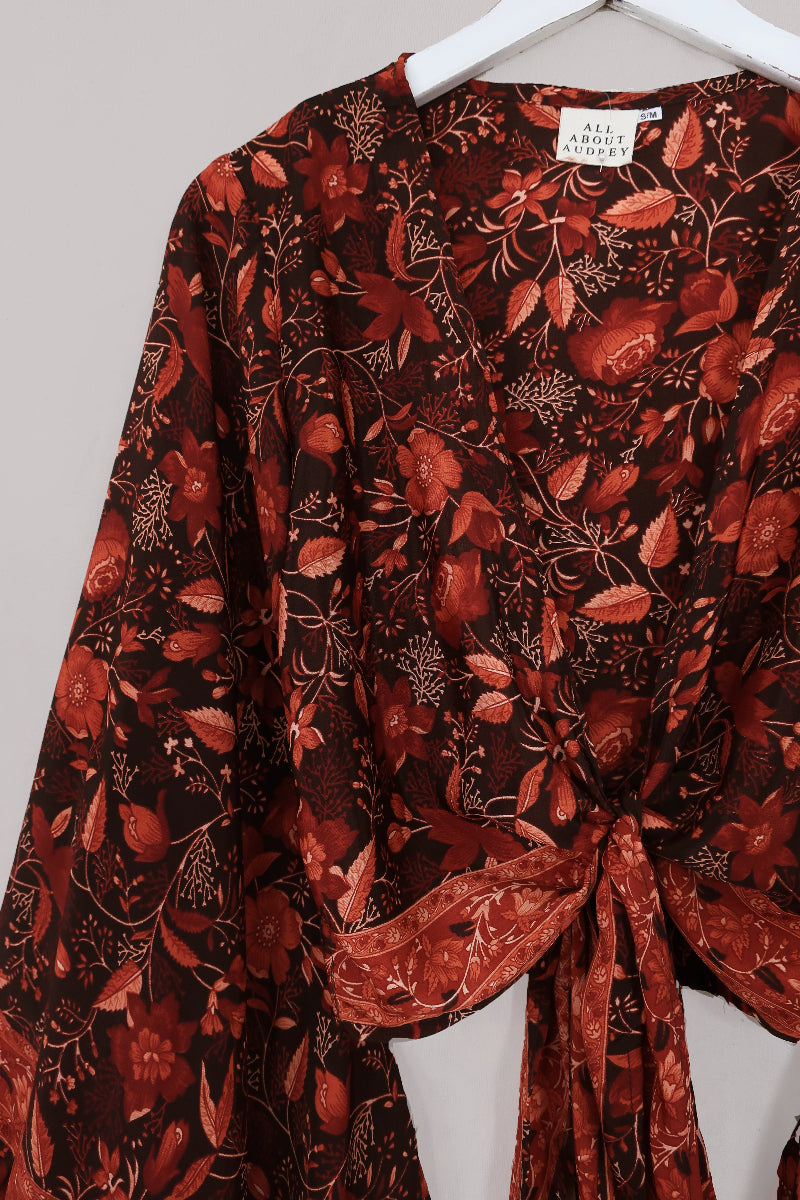 Venus Folklore Floral Wrap Top in Cedar Red