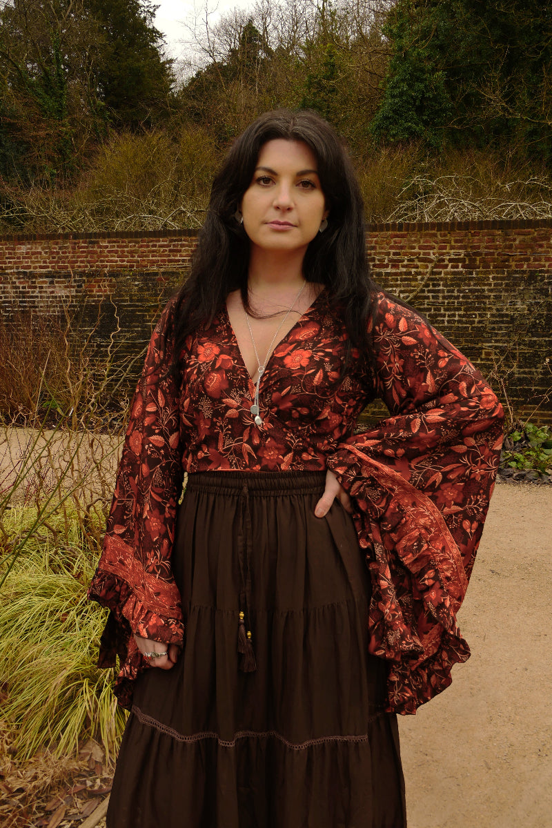 Venus Folklore Floral Wrap Top | Cedar Red | All About Audrey