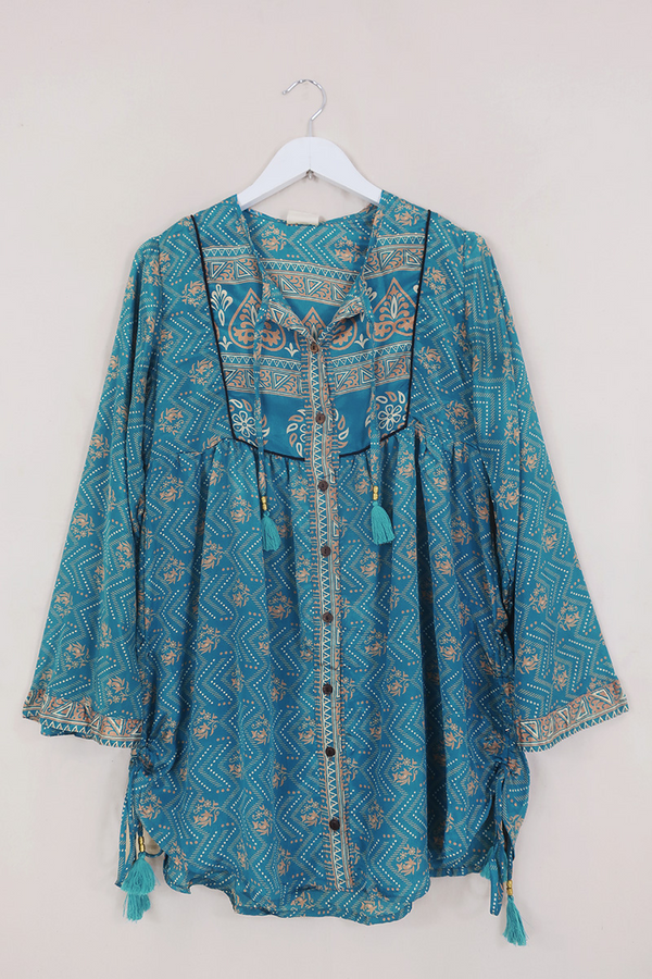 Jude Tunic Top - Celestial Star Blue - Vintage Indian Sari - Size S By All About Audrey