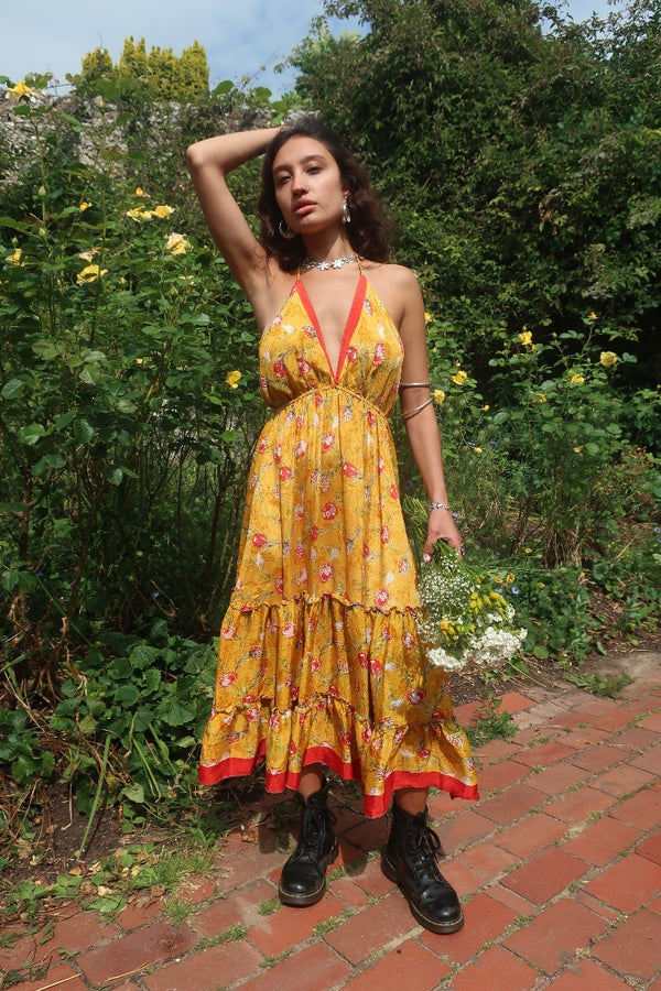 Cherry Mini Halter Dress - Mustard & Scarlet Floral Vintage Sari (Free Size) By All About Audrey