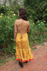 Cherry Mini Halter Dress - Mustard & Scarlet Floral Vintage Sari (Free Size) By All About Audrey