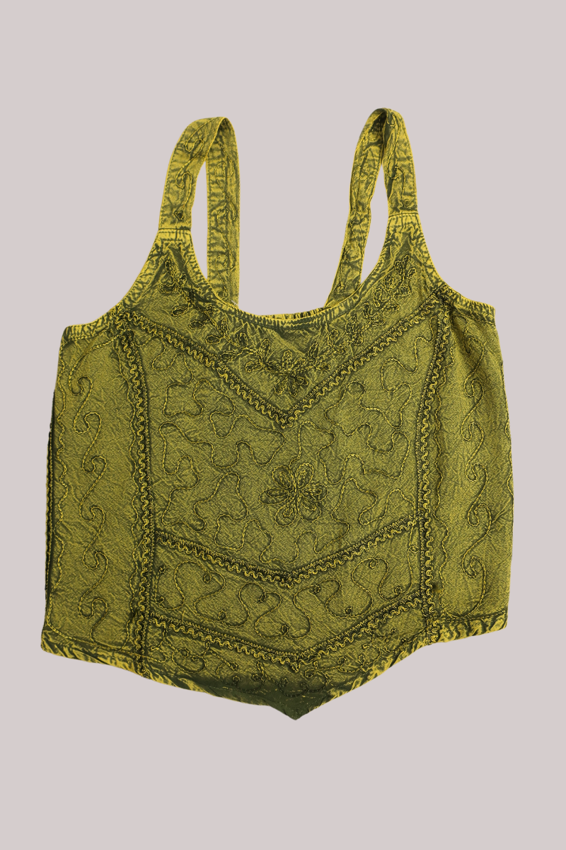 Embroidered Handkerchief Top in Lime Green - Free Size