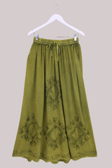 Embroidered Drawstring Maxi Skirt in Lime Green - Free Size