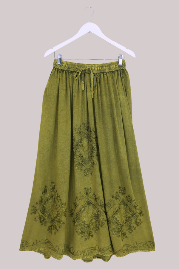 Embroidered Drawstring Maxi Skirt in Lime Green - Free Size