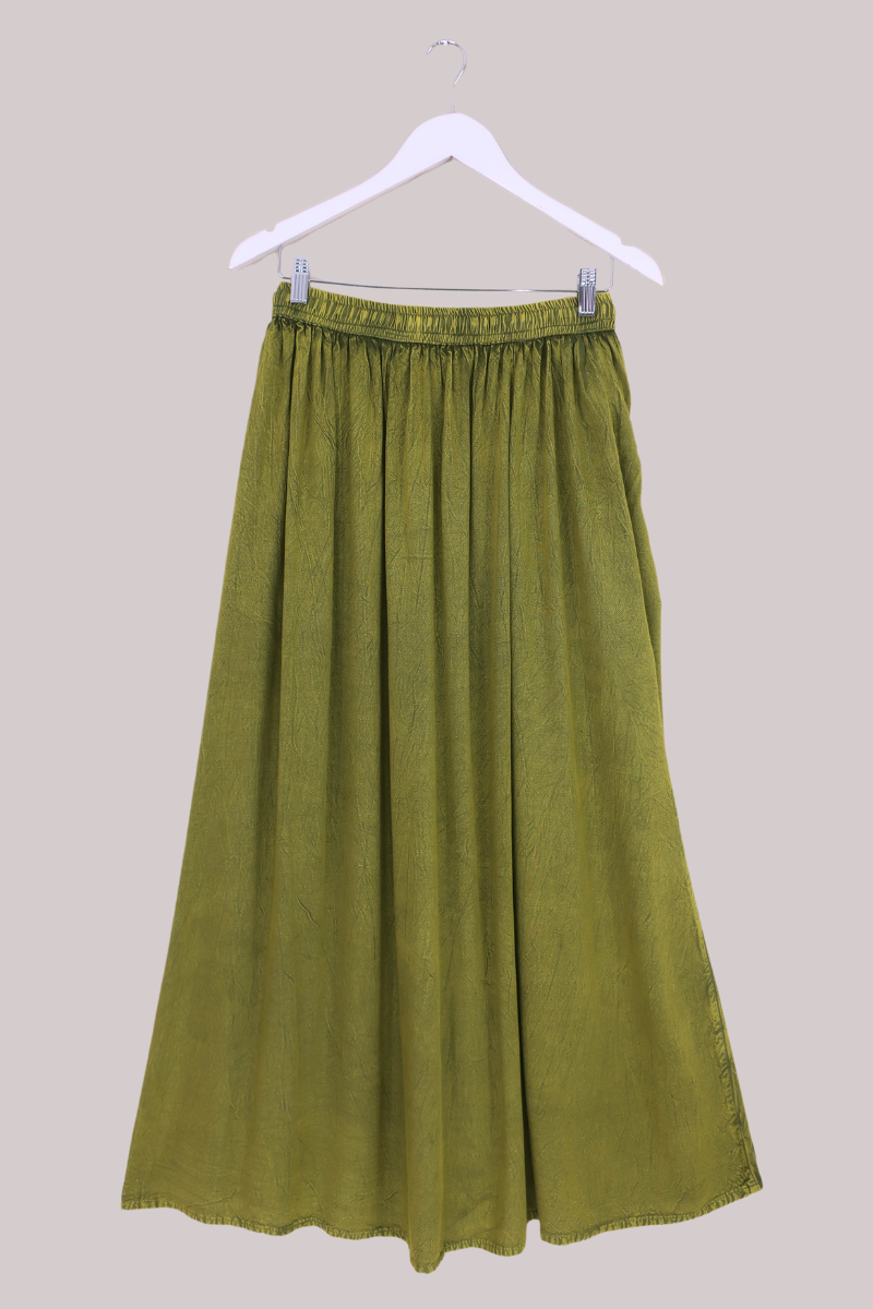 Embroidered Drawstring Maxi Skirt in Lime Green - Free Size