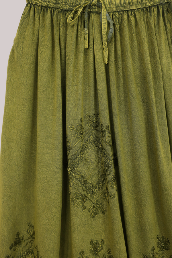 Embroidered Drawstring Maxi Skirt in Lime Green - Free Size