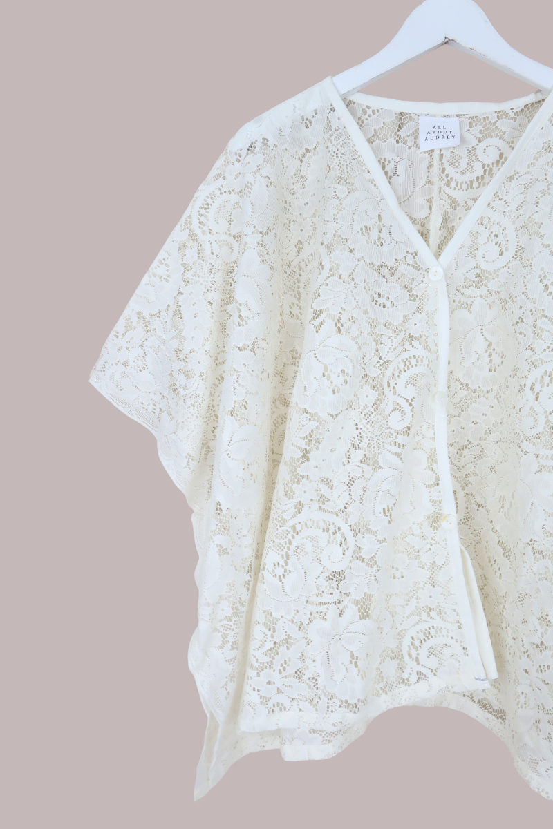 Cleo Buttoned Poncho in Victorian White Lace - Free Size