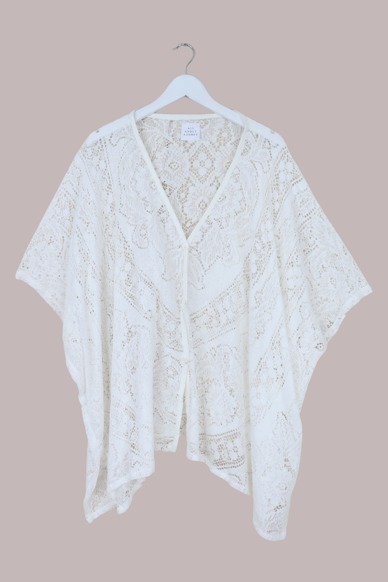 Cleo Buttoned Poncho in Coastal White Lace - Free Size
