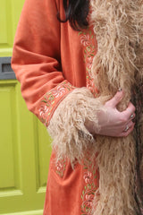 Fleetwood Embroidered Penny Lane Coat in Copper Orange - soft faux suede 70s boho winter coat with two pockets and faux fur accents by all about audrey