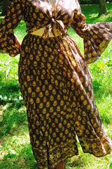 Georgie Button Up Skirt in Saddle Brown Block Print Floral