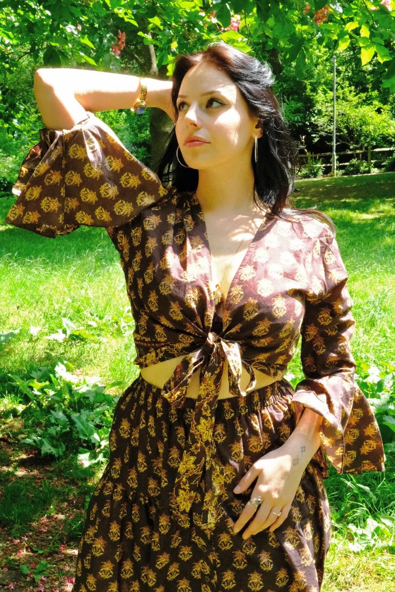 Sylvia Wrap Top in Saddle Brown Block Print Floral