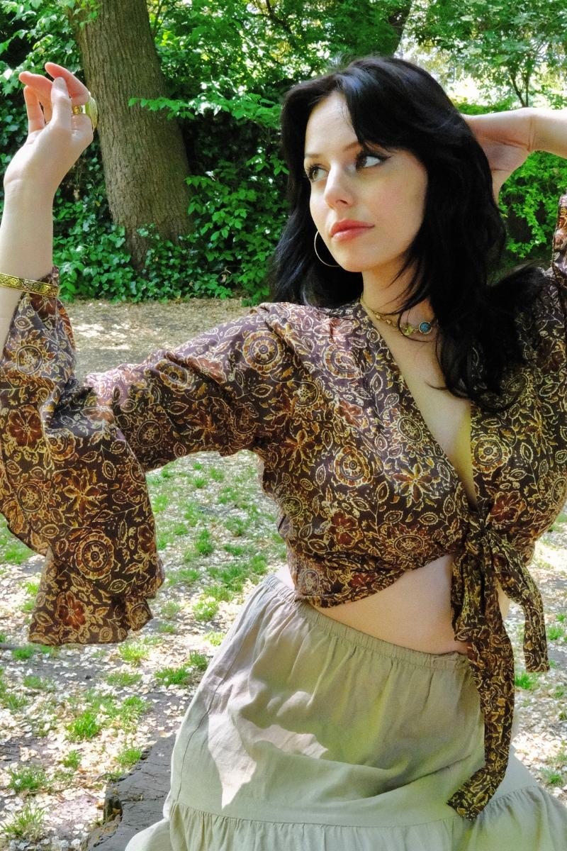 Sylvia Wrap Top in Umber Brown Block Print Floral