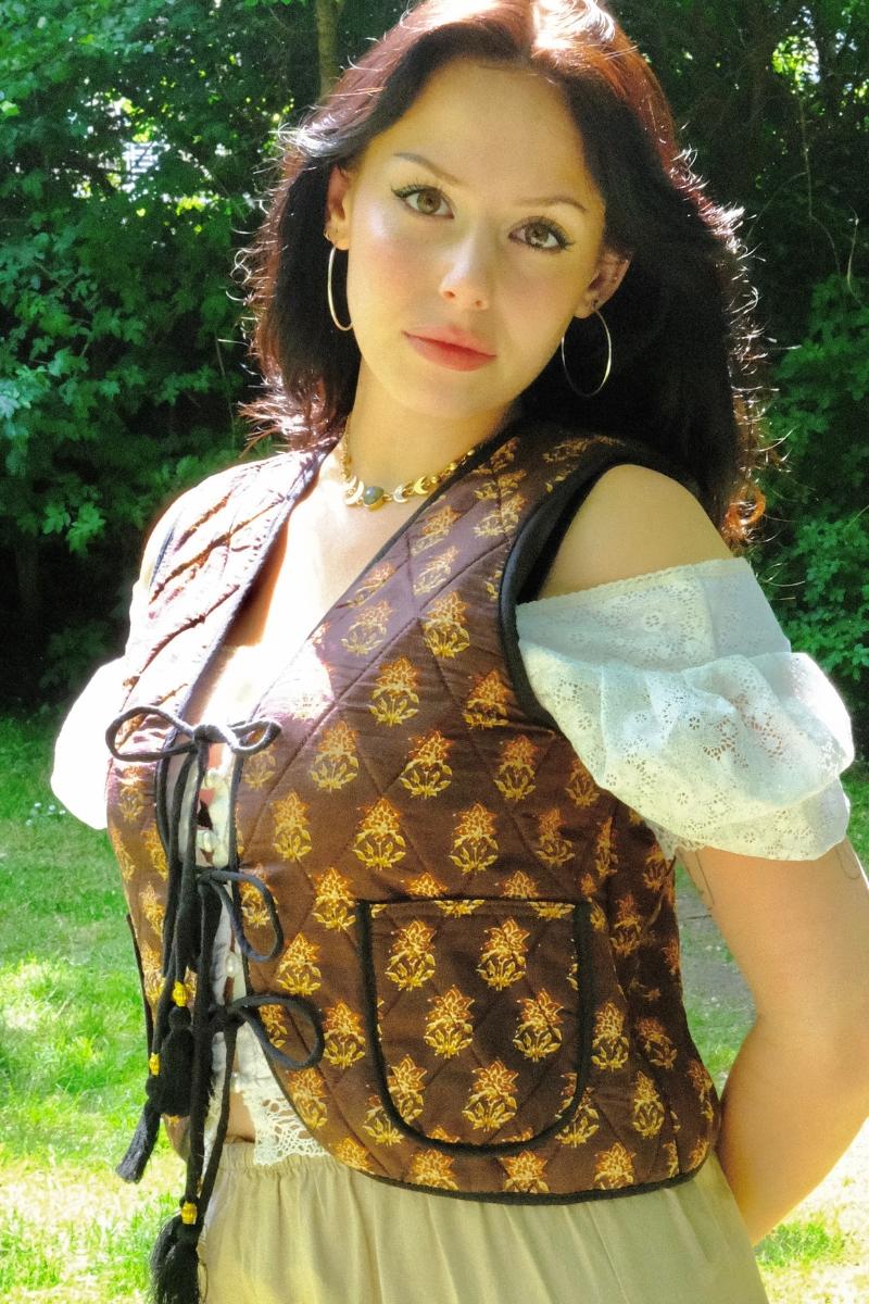 Dixie Quilted Waistcoat Top in Saddle Brown Block Print Floral
