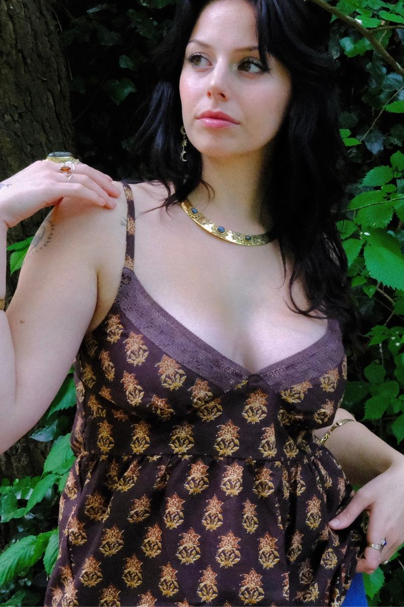 Isobel Cami Top in Saddle Brown Block Print Floral