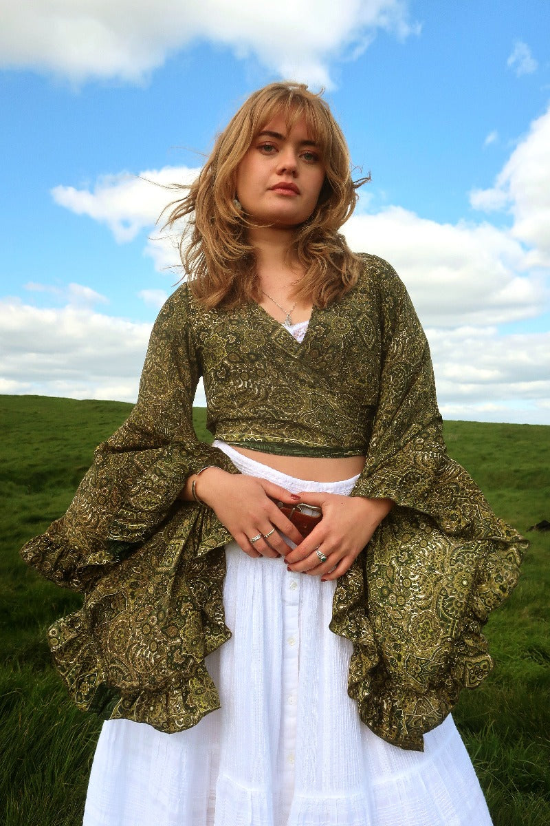 Venus Wrap Top in Coltrane Green Mandala by All About Audrey