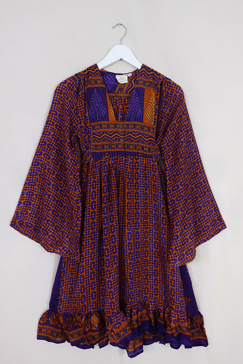 Lunar Mini Dress - Vintage Sari - Copper & Mulberry Mosaic