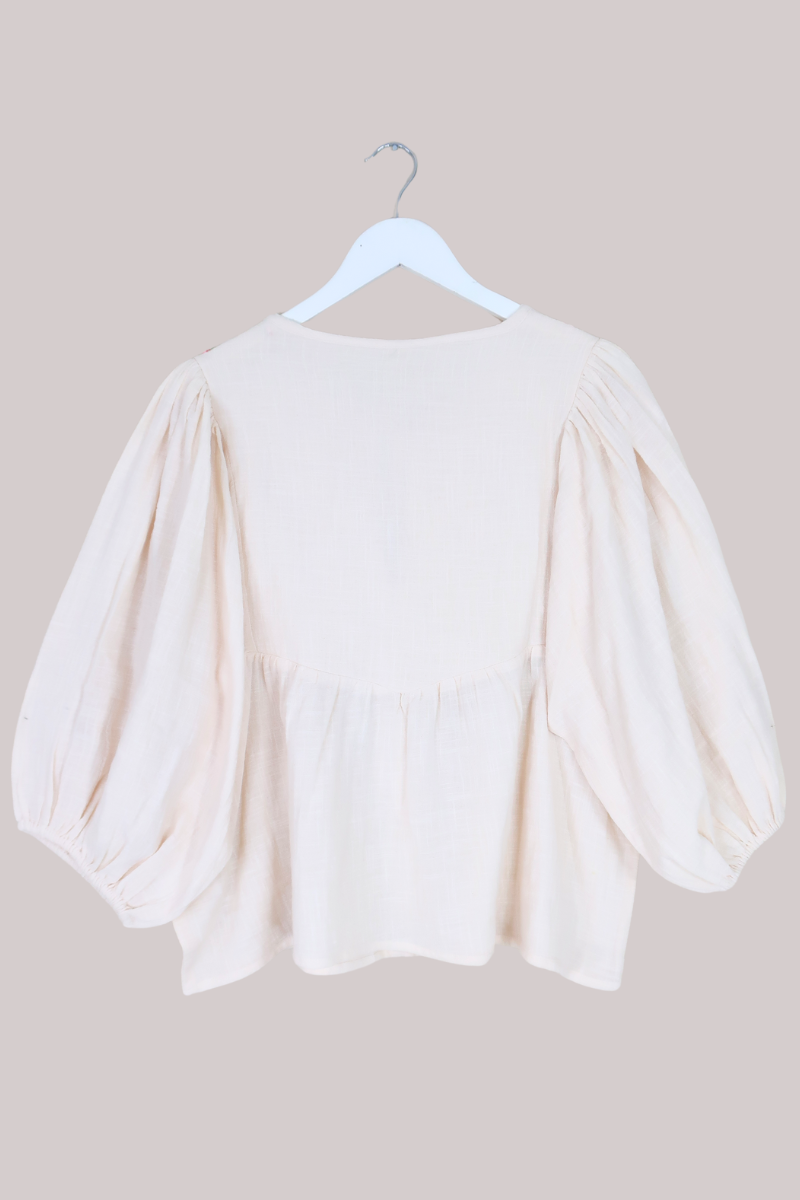Iris Embroidered Folk Top in Parchment Cream