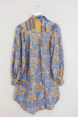 Bonnie Shirt Dress - Buttercream & Blue Porcelain Floral - Vintage Indian Sari - Size M/L By All About Audrey