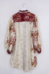 Bonnie Shirt Dress - Cream & Crimson Trees - Vintage Indian Sari - Size L/XL