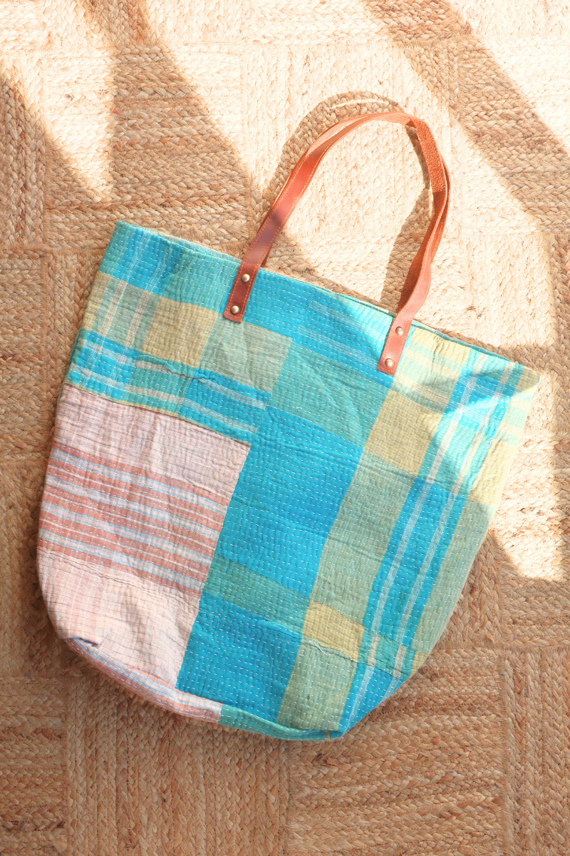 Vintage Kantha Large Shopper Bag in Cream Turquoise Patchwork by All About Audrey