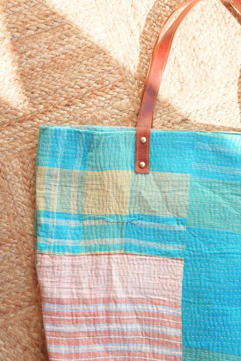 Vintage Kantha Large Shopper Bag in Cream Turquoise Patchwork by All About Audrey