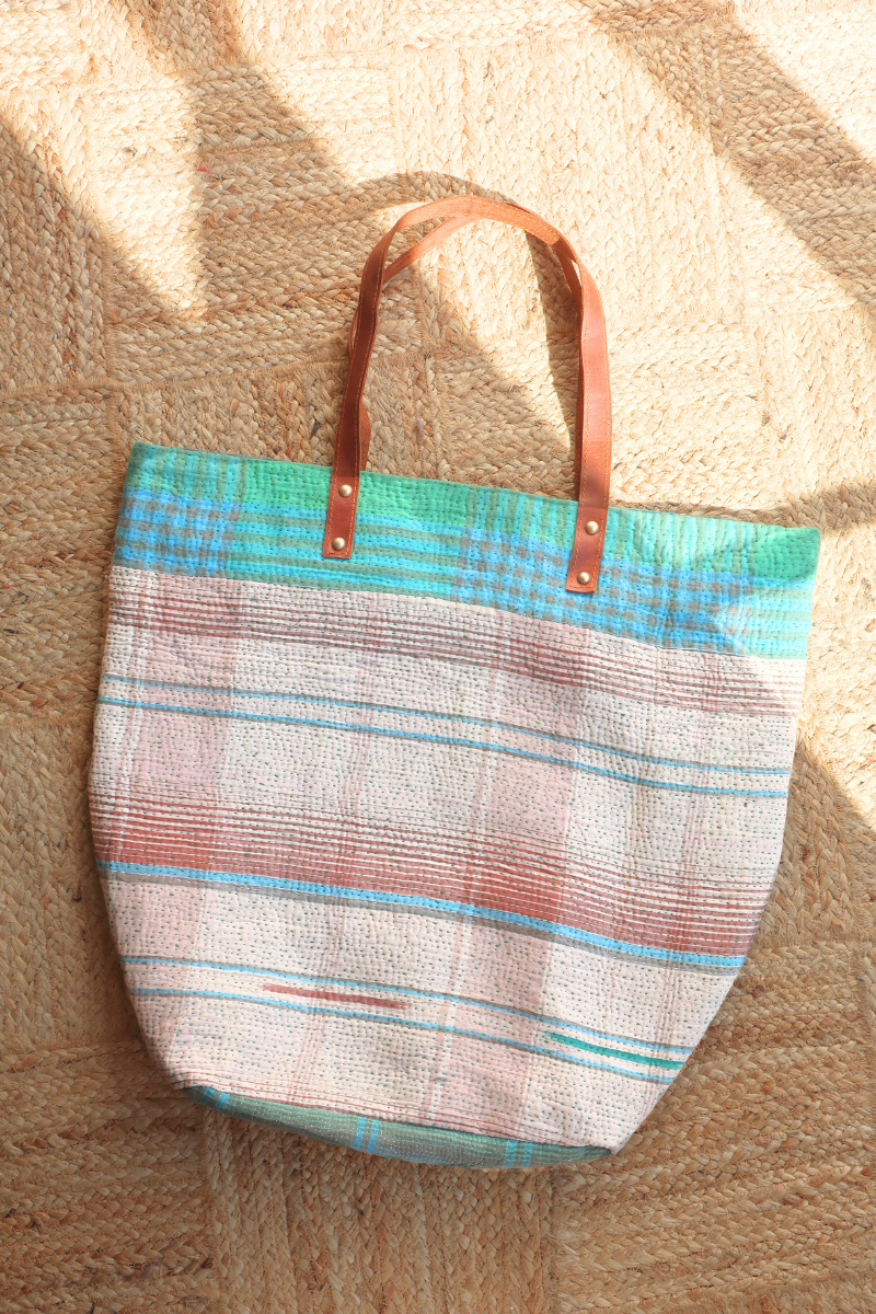 Vintage Kantha Large Shopper Bag in Cream Turquoise Patchwork by All About Audrey