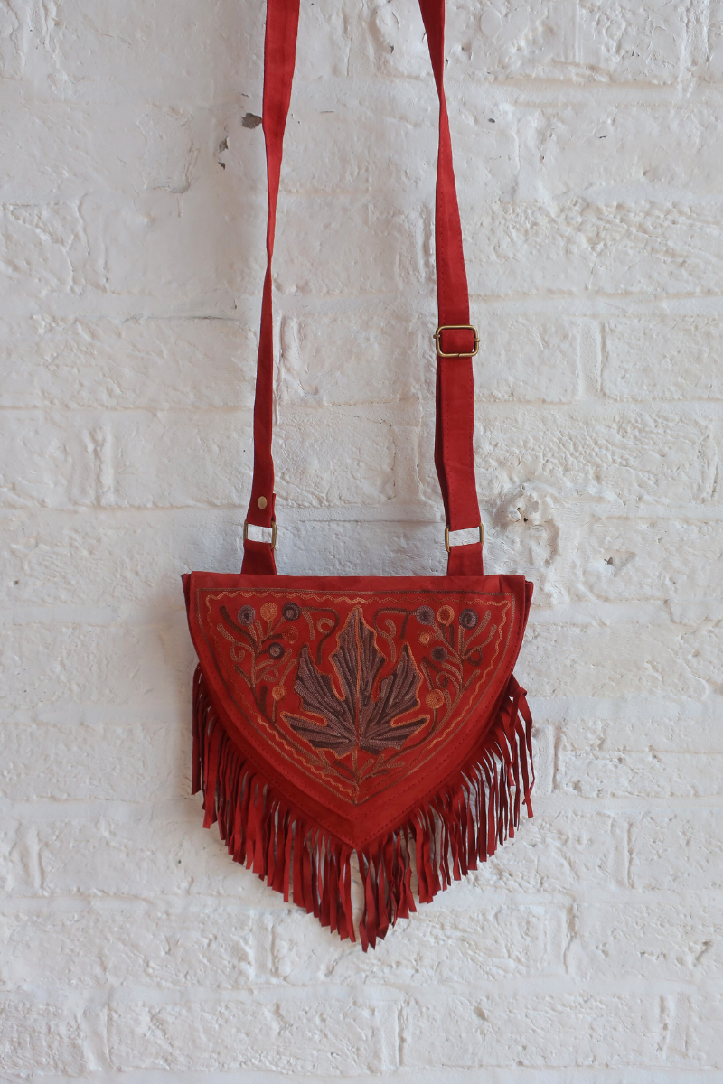 Zelda Embroidered Suede Saddle Bag in Garnet & Slate Autumn Leaf