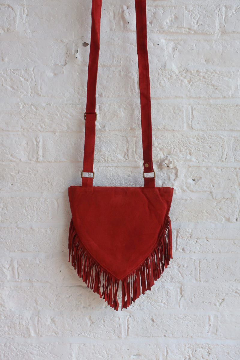 Zelda Embroidered Suede Saddle Bag in Garnet & Slate Autumn Leaf