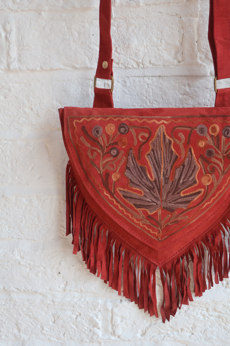Zelda Embroidered Suede Saddle Bag in Garnet & Slate Autumn Leaf