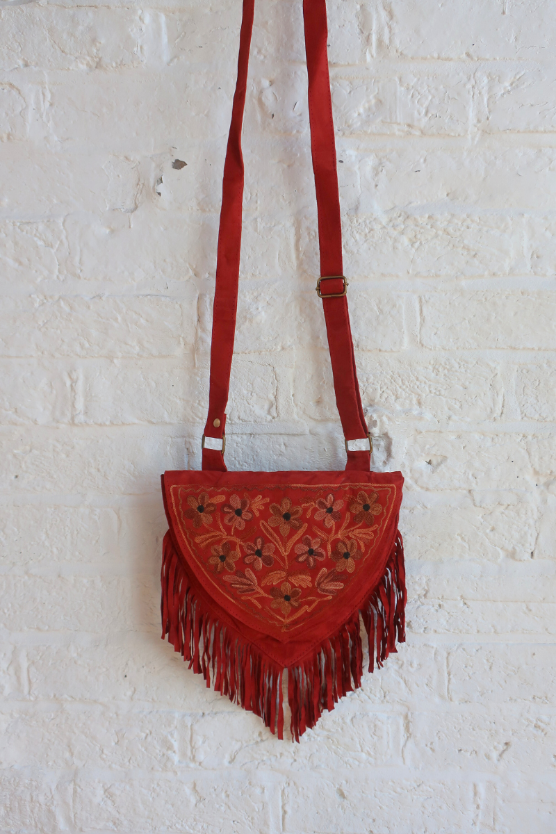 Zelda Embroidered Suede Saddle Bag in Garnet & Golden Daisies