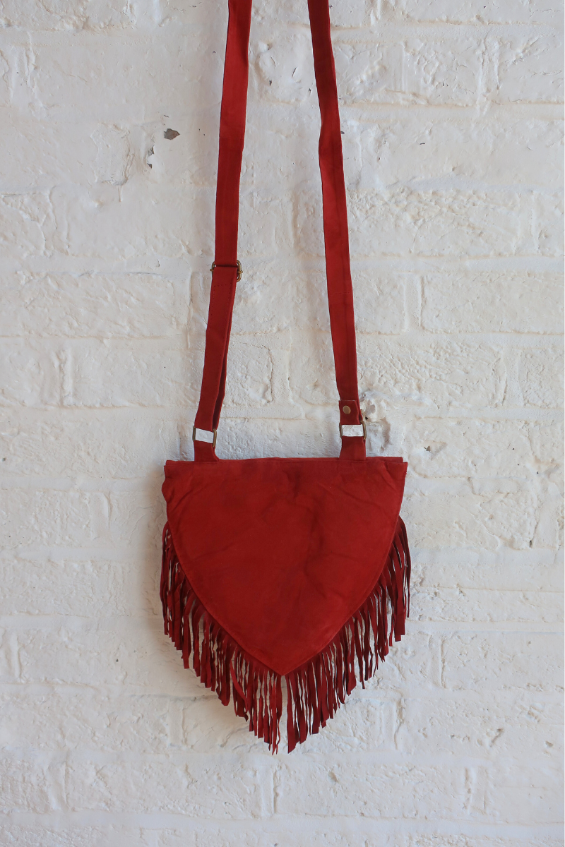 Zelda Embroidered Suede Saddle Bag in Garnet & Golden Daisies