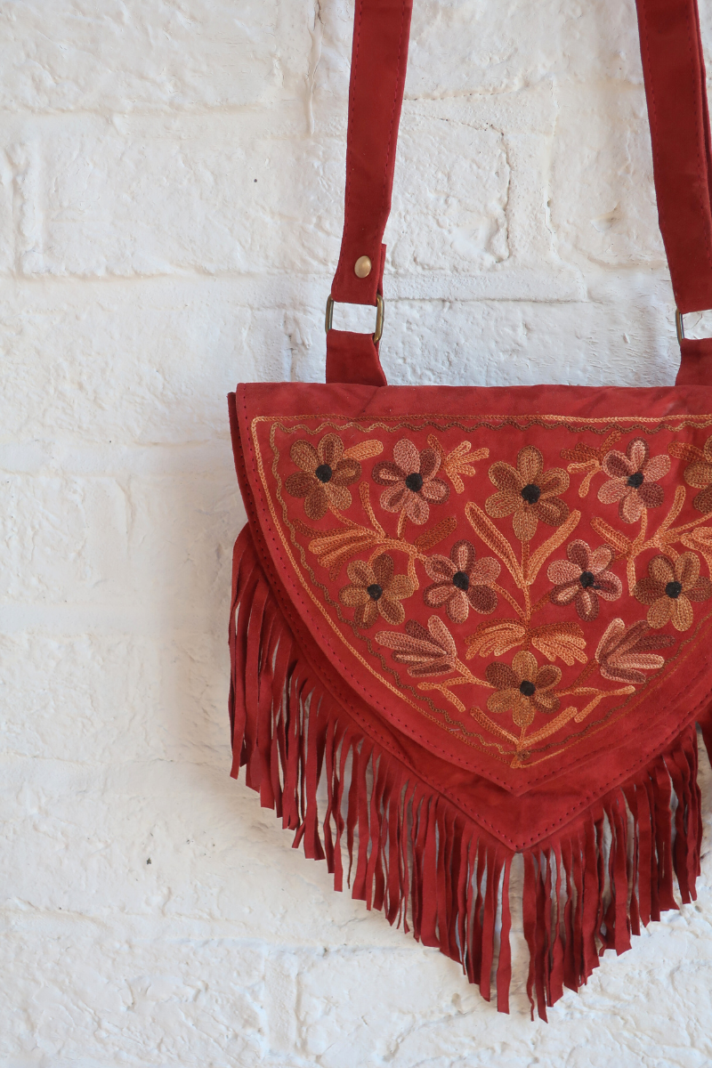 Zelda Embroidered Suede Saddle Bag in Garnet & Golden Daisies
