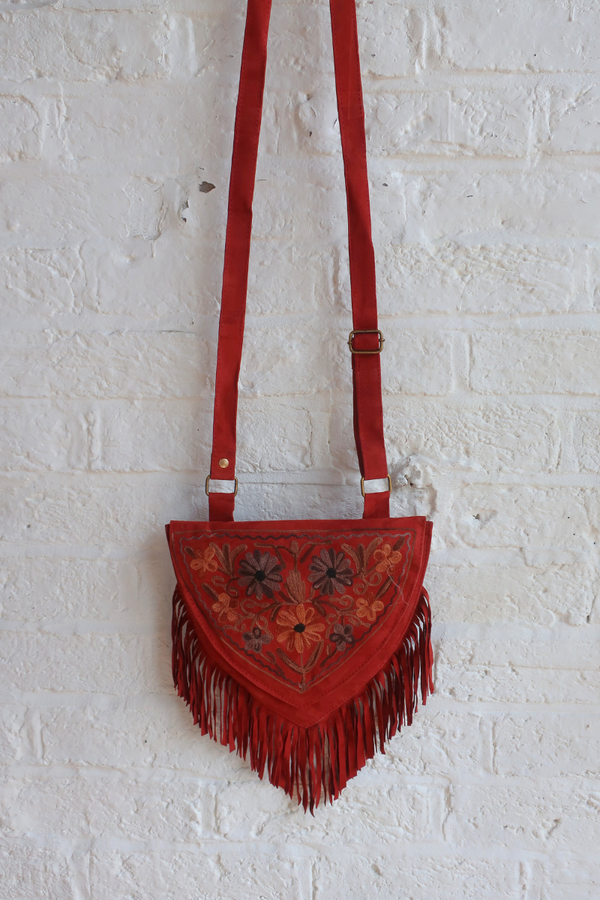Zelda Embroidered Suede Saddle Bag in Garnet & Bronze Florals