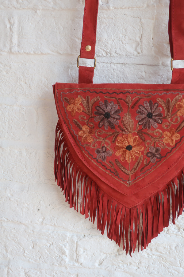 Zelda Embroidered Suede Saddle Bag in Garnet & Bronze Florals