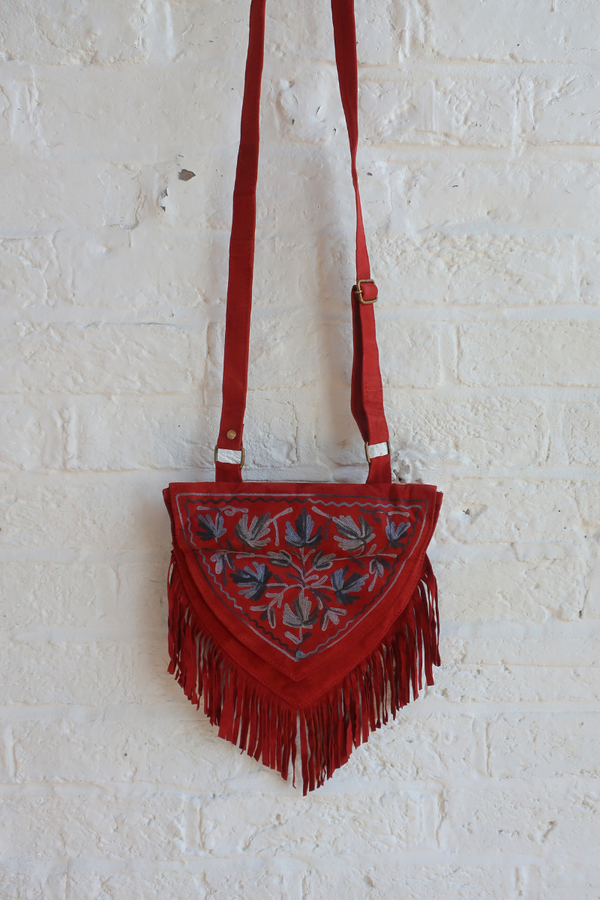 Zelda Embroidered Suede Saddle Bag in Garnet & Cobalt Ivy