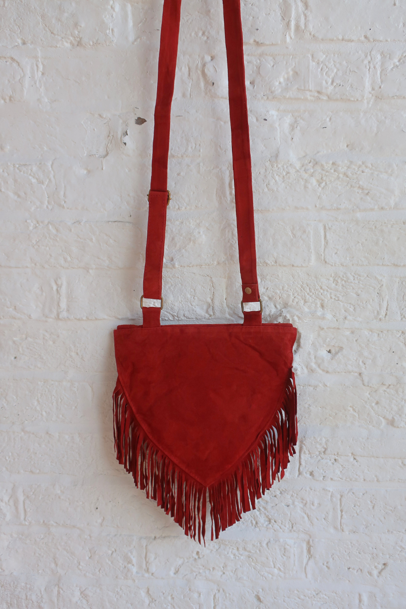 Zelda Embroidered Suede Saddle Bag in Garnet & Cobalt Ivy