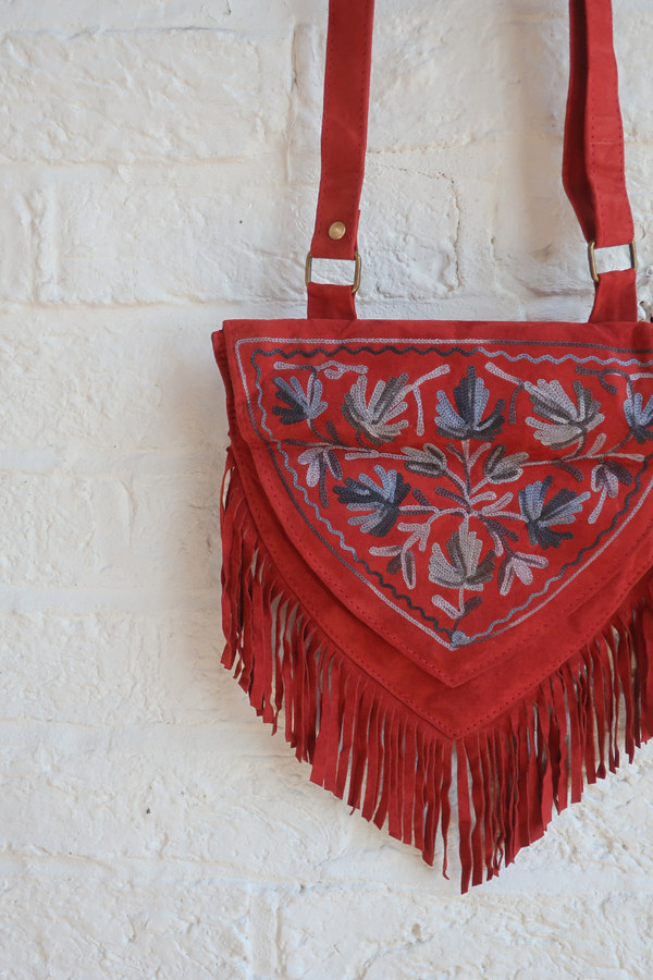 Zelda Embroidered Suede Saddle Bag in Garnet & Cobalt Ivy