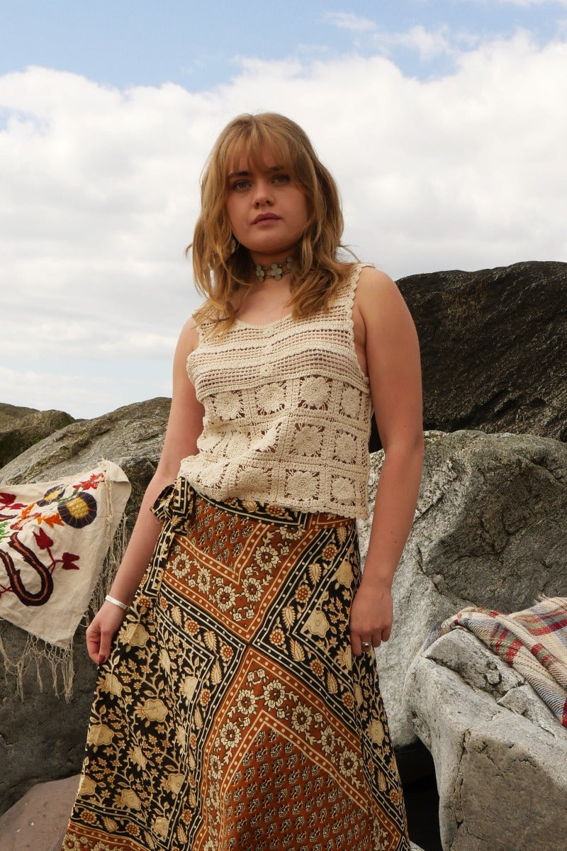 Vintage Crochet Vest - Soft Granny Square Beige - Size S/M
